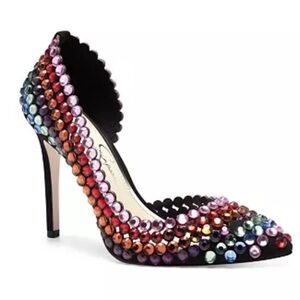 Jessica Simpson Preppi Black and Rainbow Rhinstone Stiletto Heels